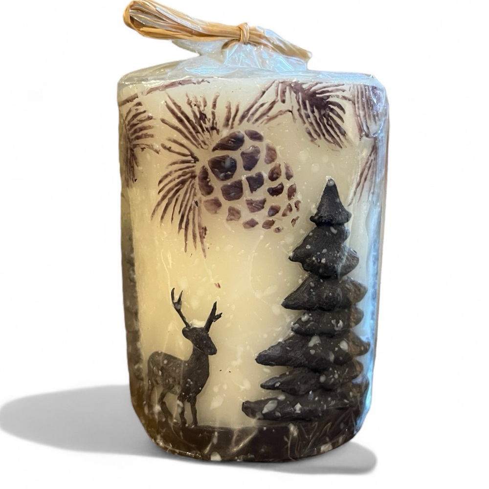 VTG TrimMerry New Wax Pillar Candle Winter Woodland Evergreens Deer Pinecones